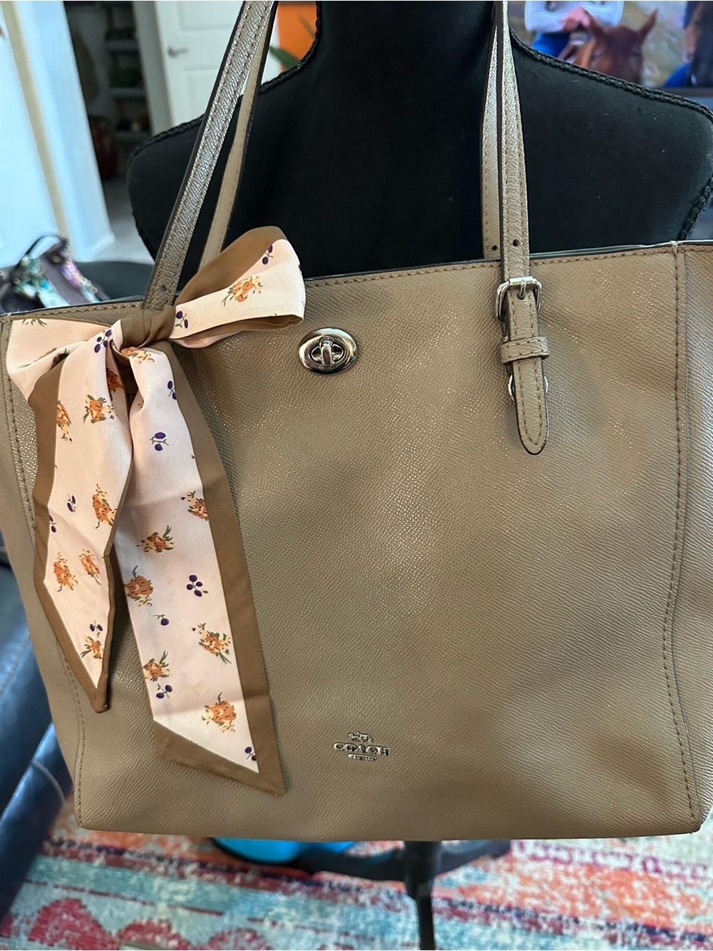 Coach  Turnlock Taupe Leather Tote Bag